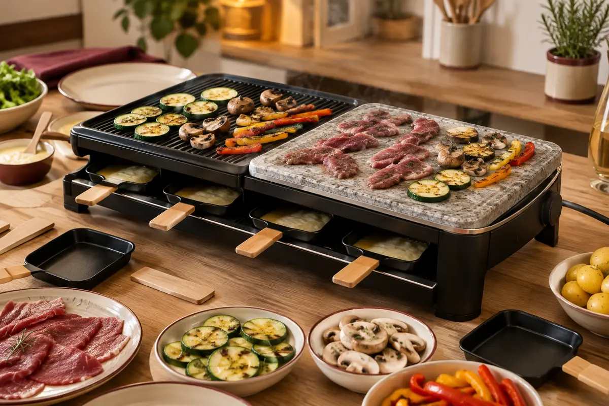 Appareil à raclette avec plaque grill et pierre, légumes et fines tranches de viande en cuisson