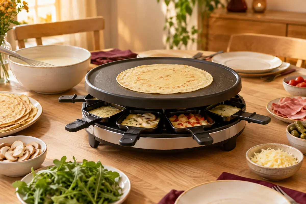 Appareil combiné à raclette et crêpière posé sur une table avec poêlons et garnitures
