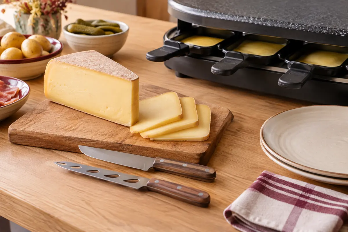 Bloc de fromage à raclette et couteaux de formes différentes posés sur une planche en bois