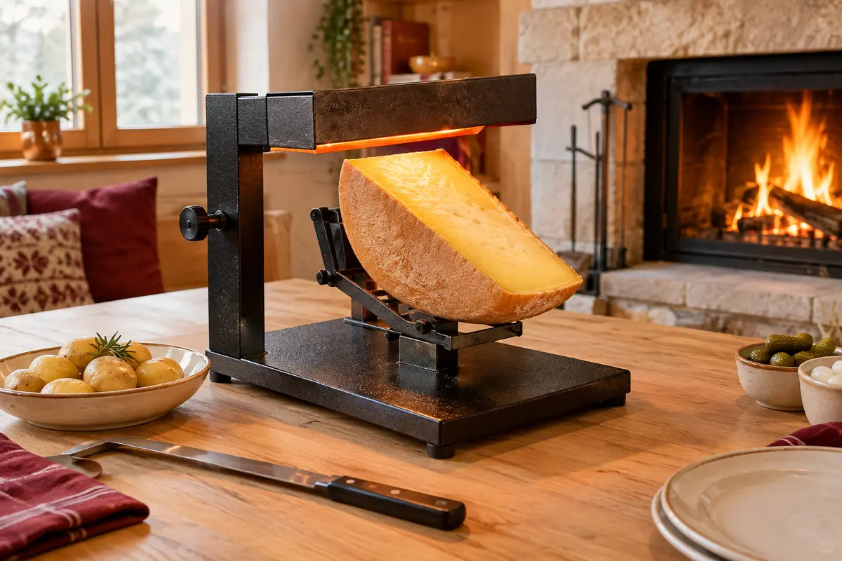 Demi-meule de fromage maintenue sur un support à raclette près d’un foyer
