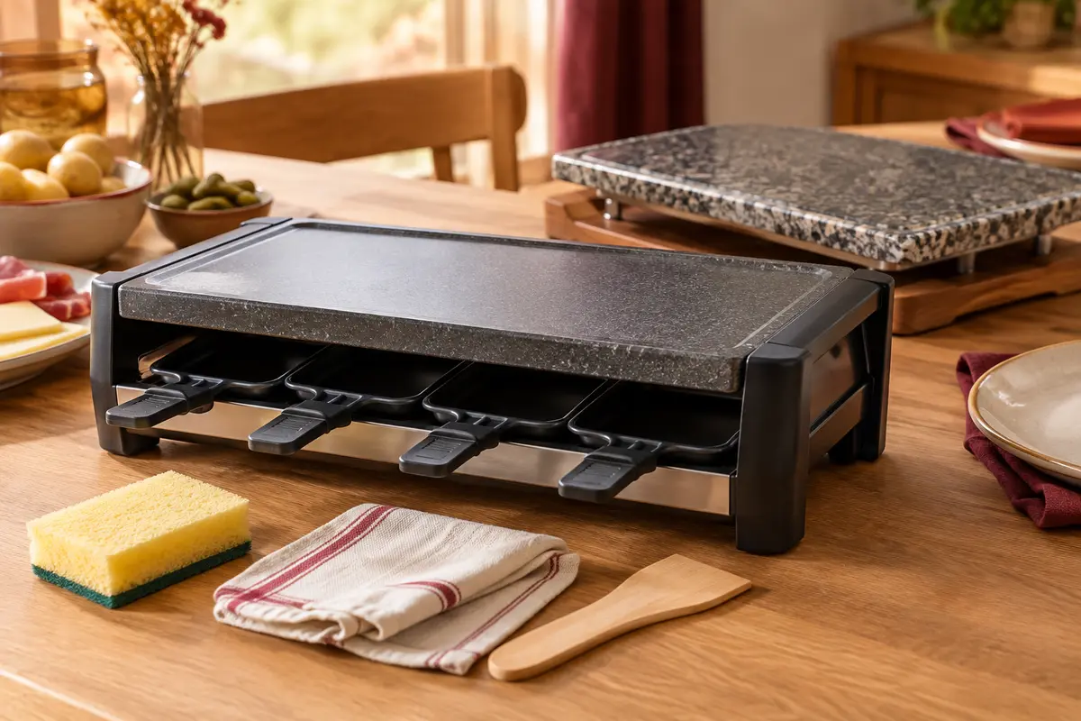 Plaque de raclette refroidie avec une éponge douce, un chiffon et une spatule en bois pour son entretien