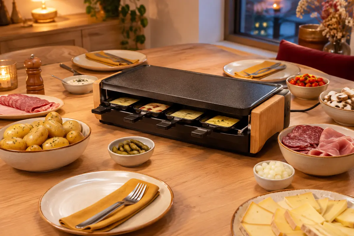 Appareil à raclette avec ses poêlons en place sur une table préparée pour un repas convivial.