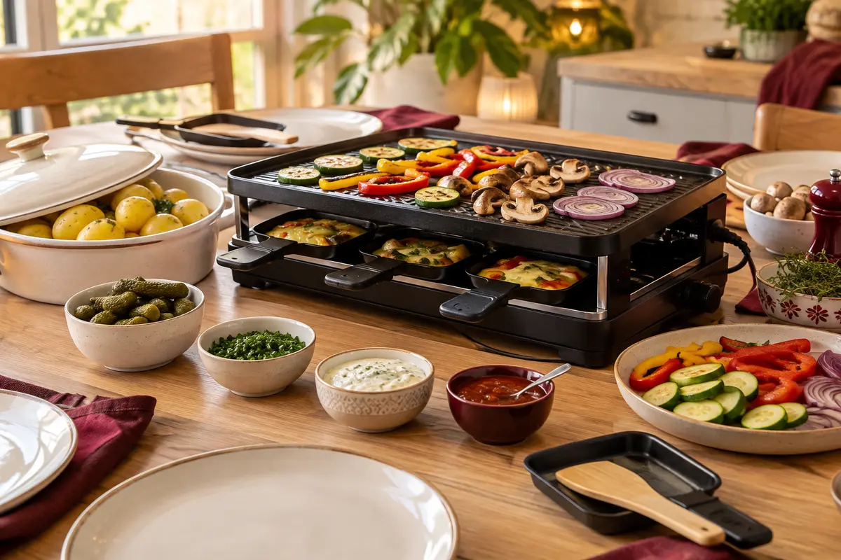Appareil à raclette avec plaque grill, légumes préparés et garnitures végétariennes disposées dans des bols