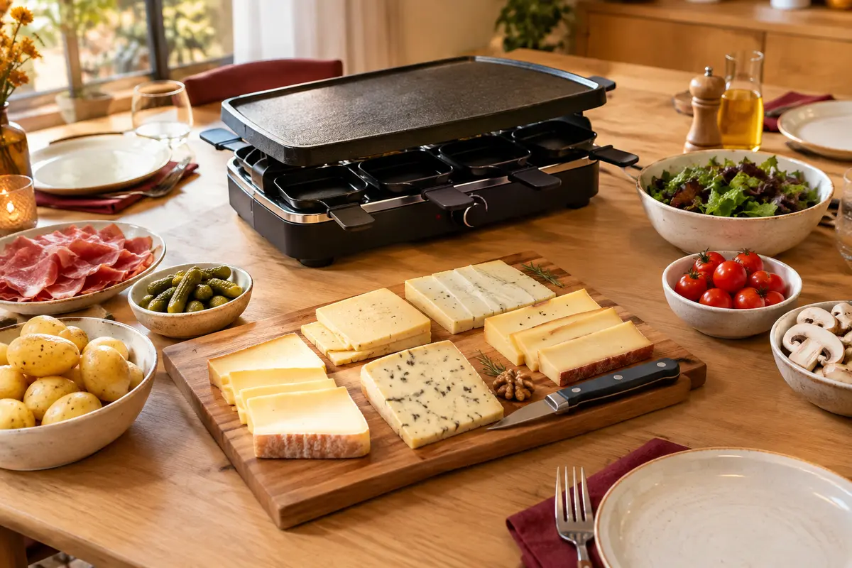 Plateau en bois avec plusieurs fromages disposés à côté d’un appareil à raclette sur une table