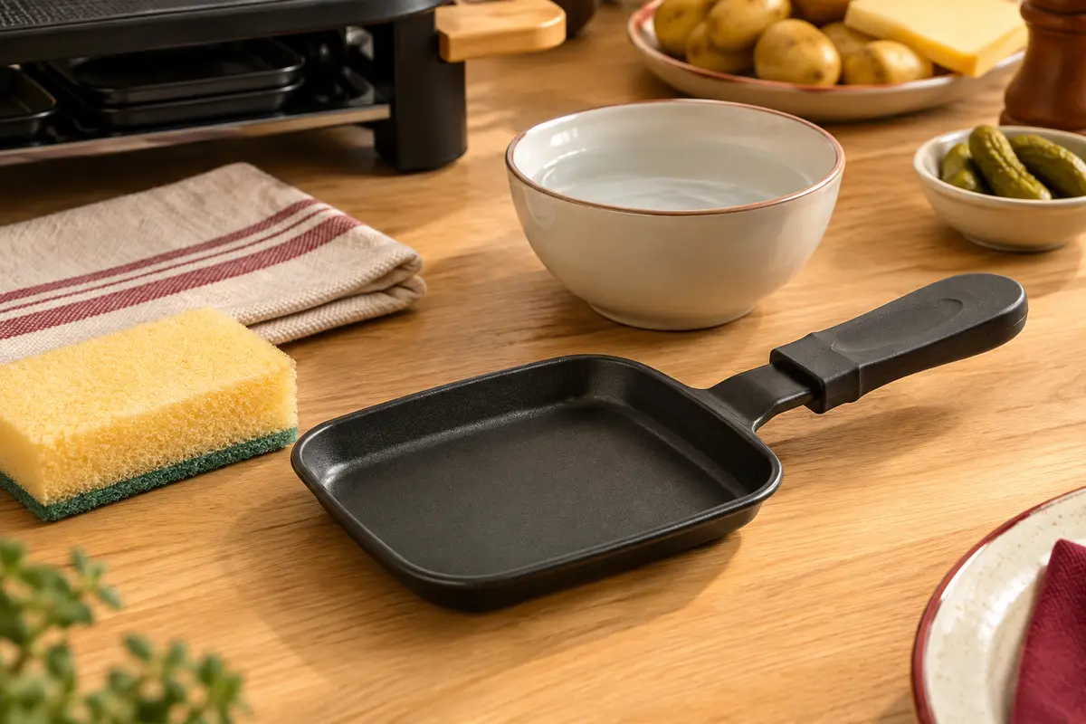 Poêlon à raclette antiadhésif et éponge douce préparés pour un nettoyage manuel