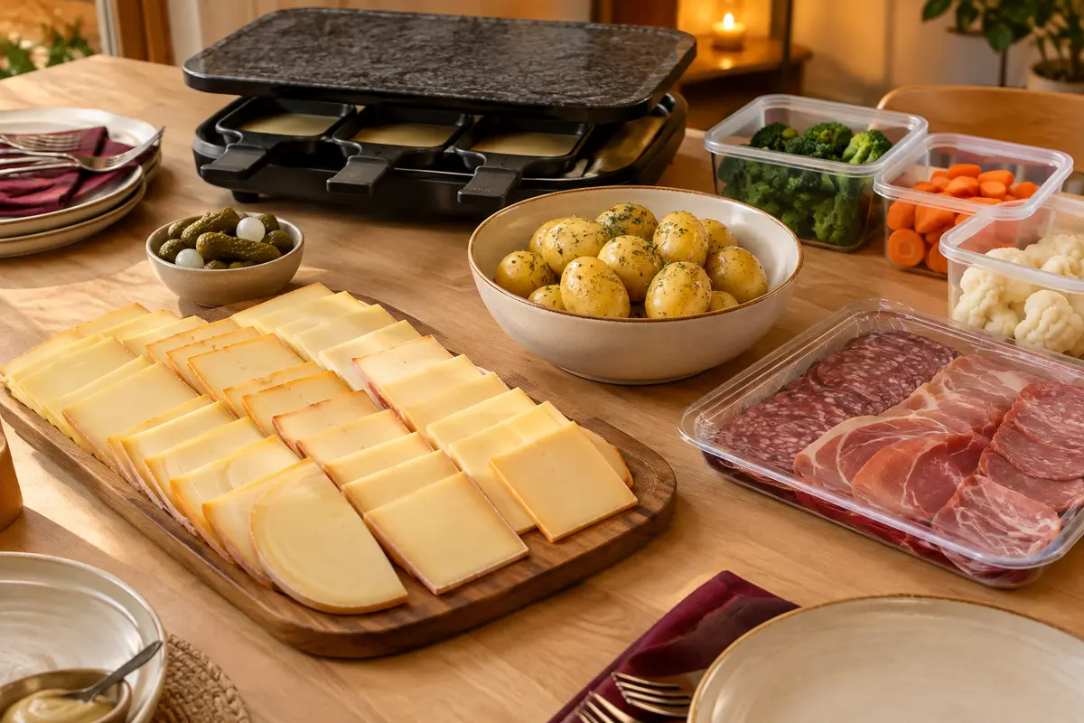 Fromage, pommes de terre et légumes préparés et rangés au frais avant un repas raclette