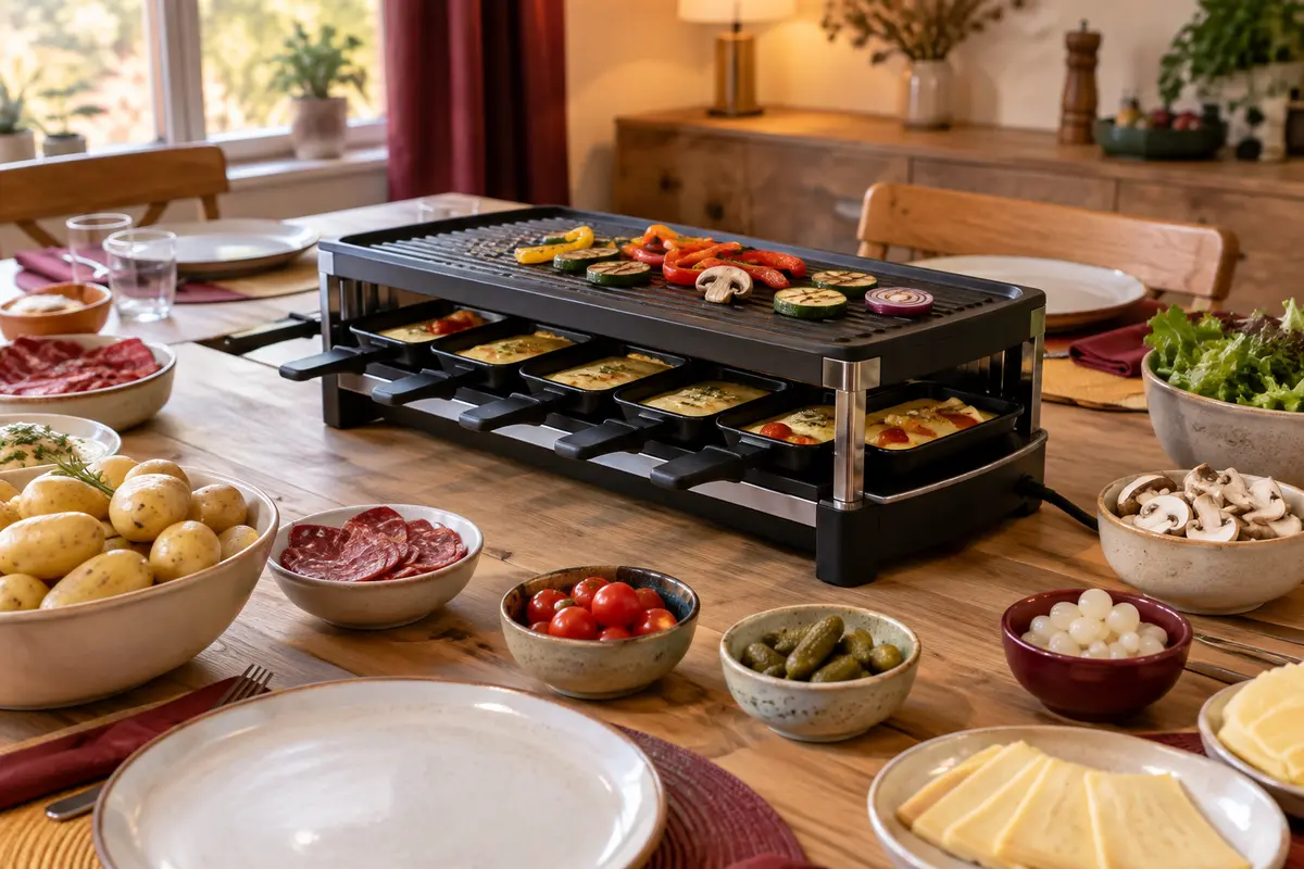 Appareil à raclette avec plusieurs poêlons et plaque grill sur une table préparée pour une grande tablée