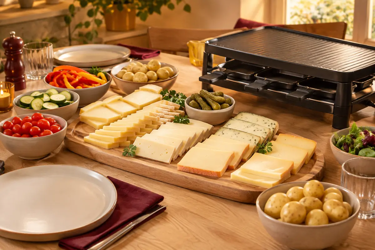 Fromage à raclette en portions sur un plateau, avec pommes de terre et accompagnements disposés sur la table.