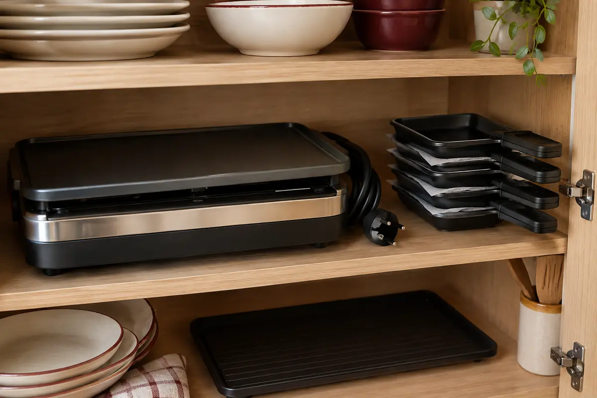 Appareil à raclette rangé à plat dans un placard étroit, avec câble souple et poêlons protégés