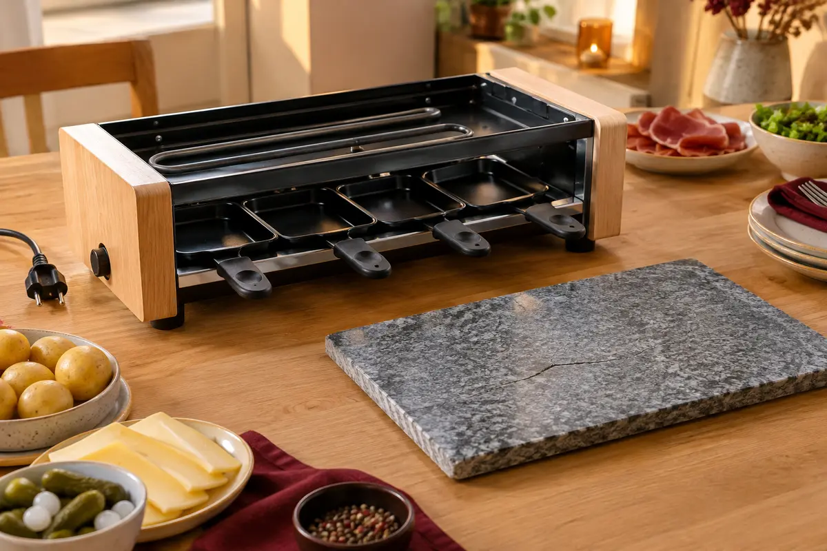 Pierre de cuisson fissurée posée à côté du support froid d’un appareil à raclette