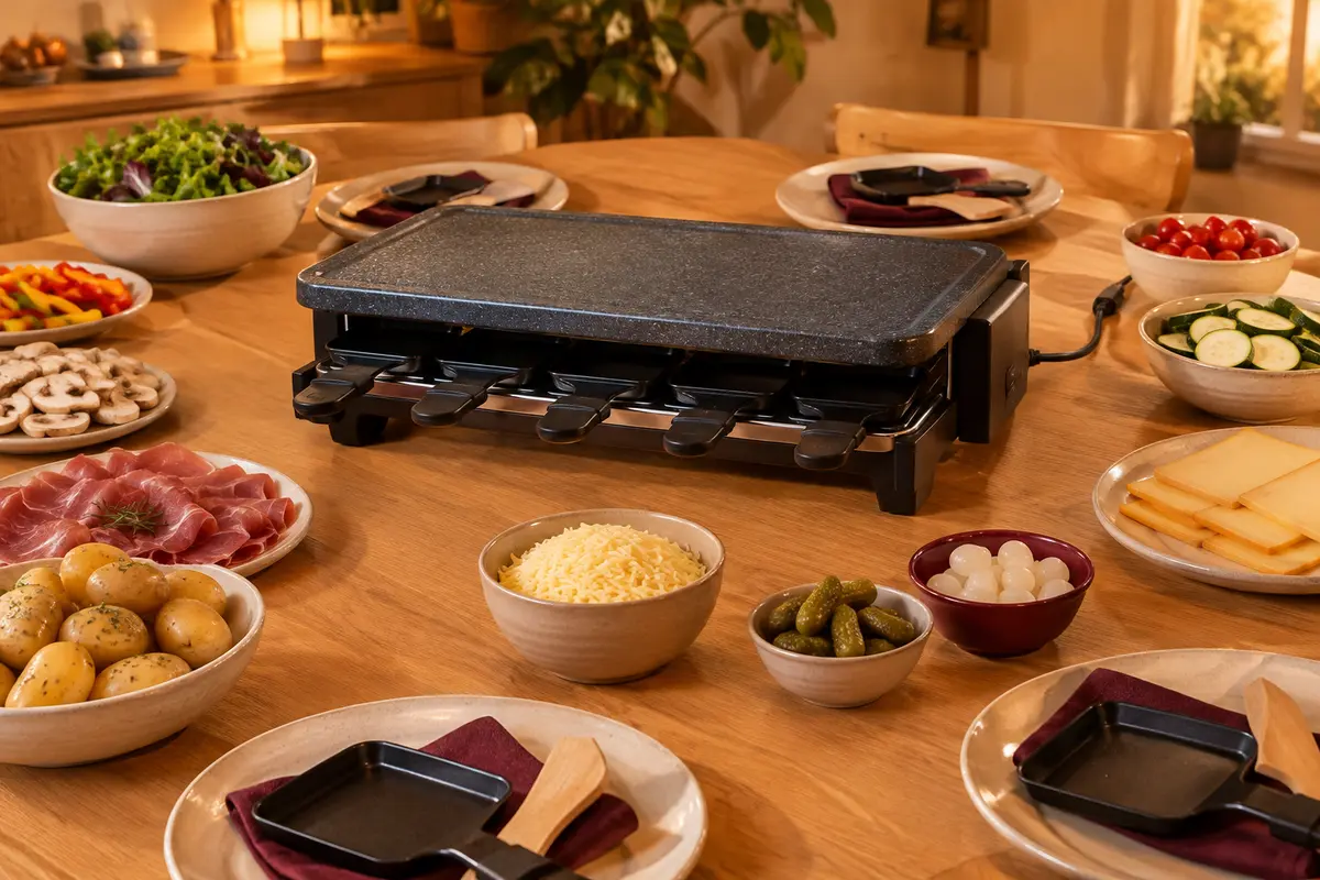 Appareil à raclette installé au centre d’une table dégagée, câble rangé et poêlons disposés à distance