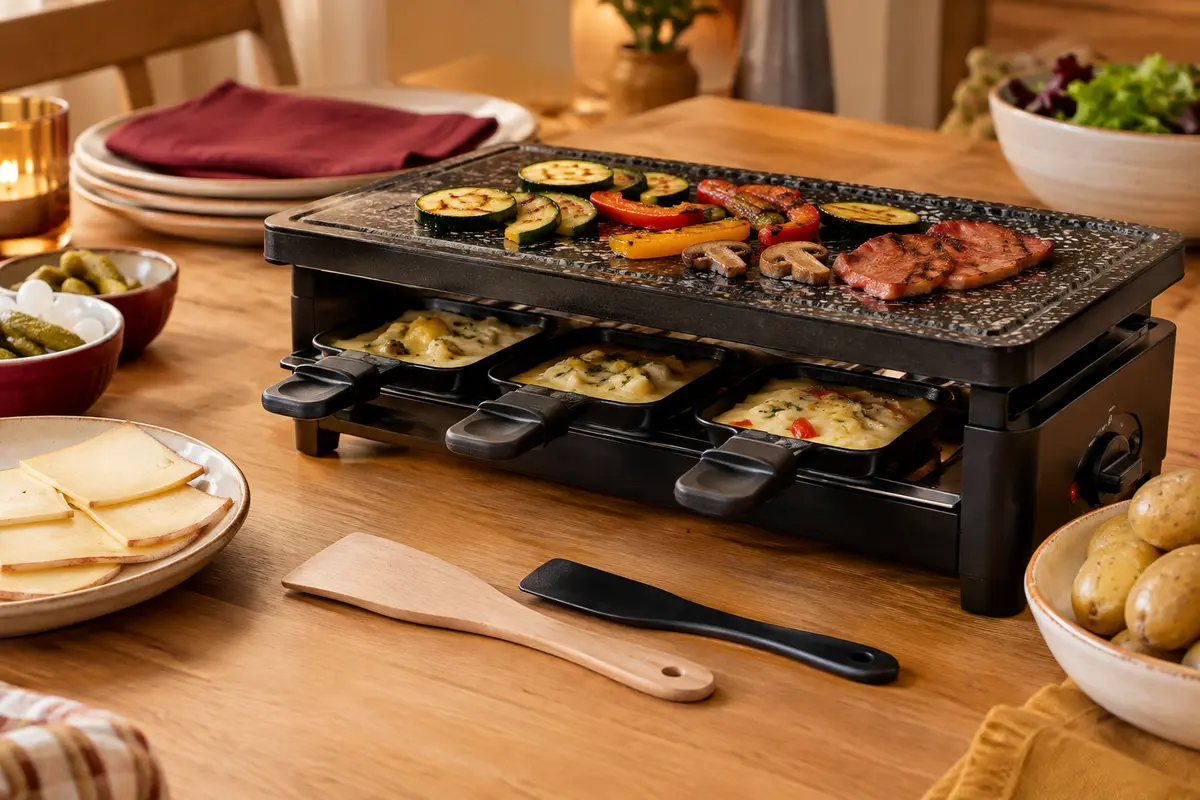 Poêlon à raclette avec fromage fondu et spatules en bois et en nylon posées à côté