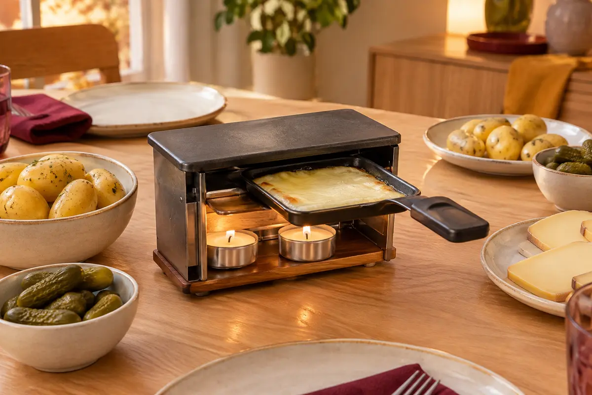 Petit appareil à raclette à la bougie avec fromage fondant et accompagnements sur une table préparée