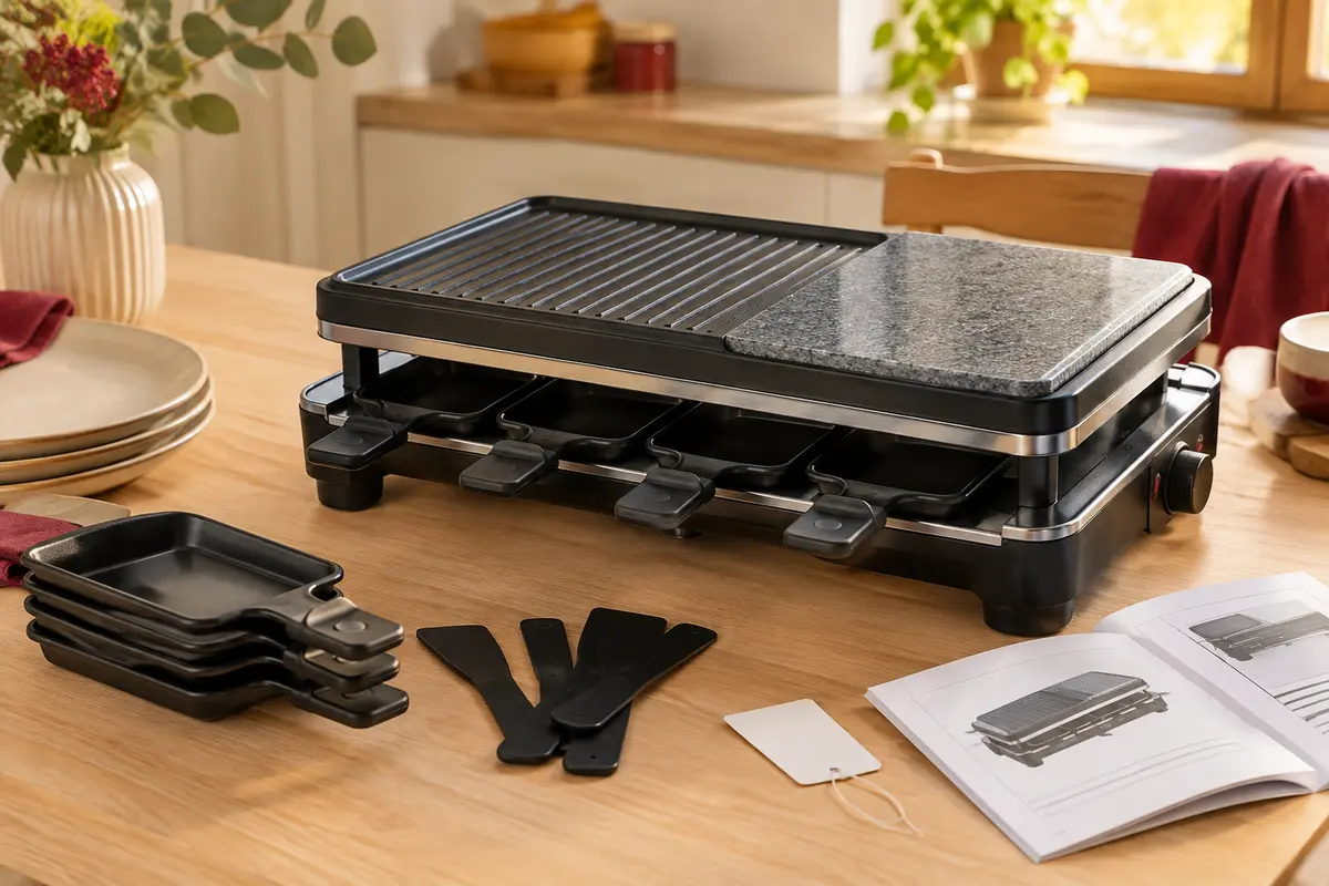 Appareil à raclette neuf, poêlons, plaque de cuisson et notice réunis avant la première utilisation