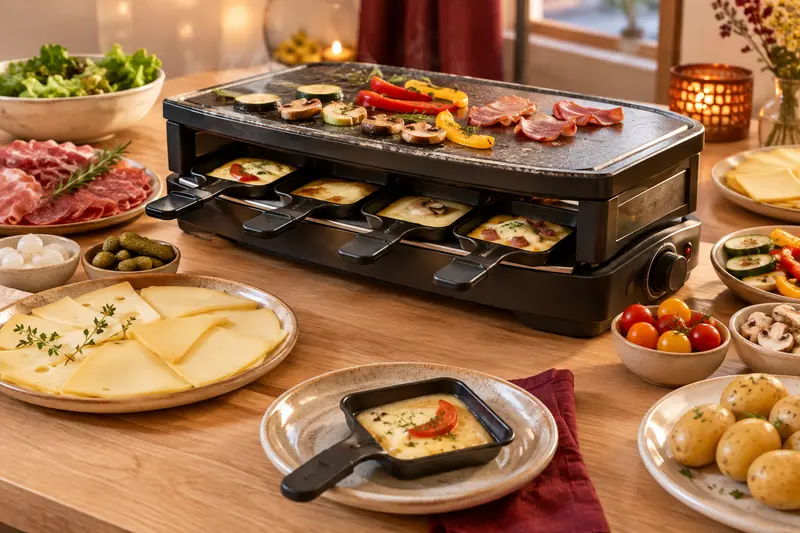 Appareil à raclette et accessoires présentés dans une ambiance de repas conviviale