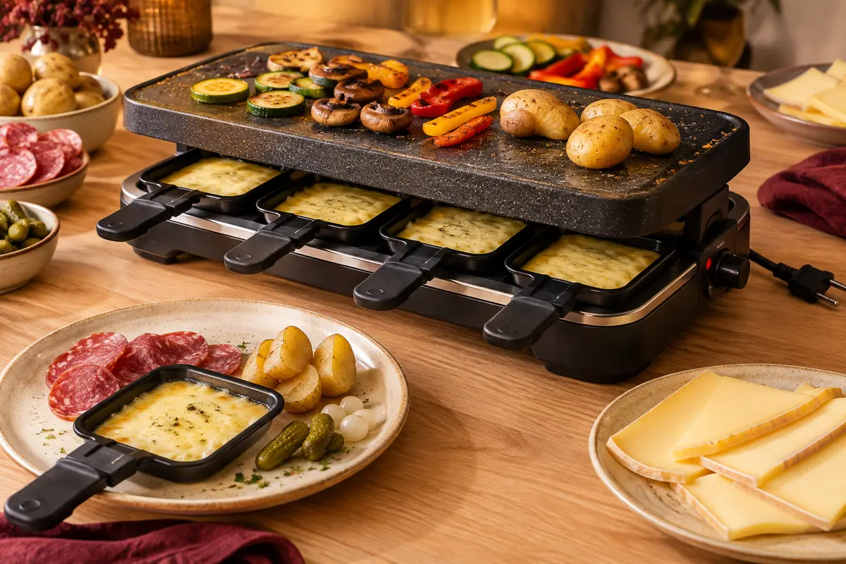 Appareil à raclette et poêlons sur une table dressée avec fromage et accompagnements